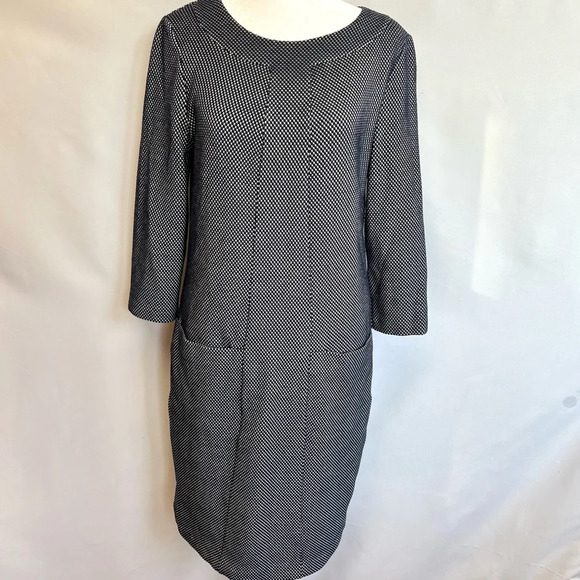 Boden Sarah Jacquard Hexagon Pattern Navy White Sheeth 3/4 Sleeve Dress Size 6 - Picture 3 of 16